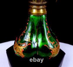 French Victorian Art Glass Green Enameled Mini 4 Oil Kerosene Lamp 1890-1920