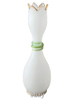 French White Opaline Glass Green Snake Vase