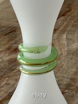 French White Opaline Glass Green Snake Vase