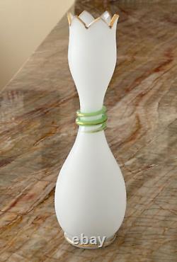 French White Opaline Glass Green Snake Vase