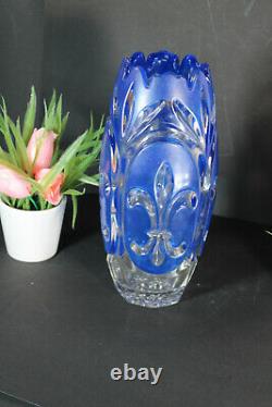 French crystal glass Fleur de lys symbol blue vase 1950