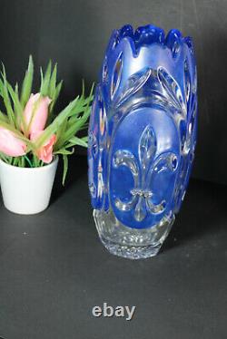 French crystal glass Fleur de lys symbol blue vase 1950