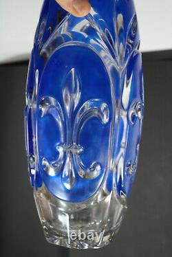 French crystal glass Fleur de lys symbol blue vase 1950