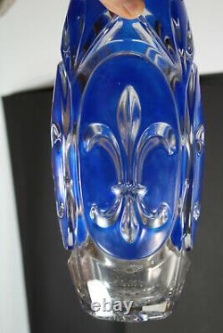 French crystal glass Fleur de lys symbol blue vase 1950