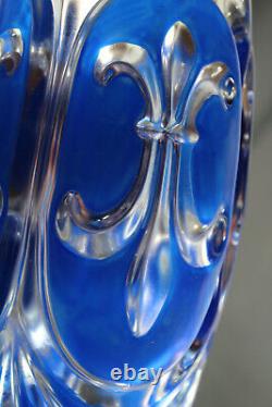 French crystal glass Fleur de lys symbol blue vase 1950