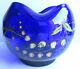 French purse vase, LEGRAS enameled blue glass white & pink lily of the valley
