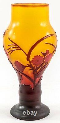 GALLE Cameo Cut Back Burgundy FLORAL on Amber CABINET VASE C1900