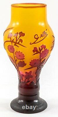 GALLE Cameo Cut Back Burgundy FLORAL on Amber CABINET VASE C1900