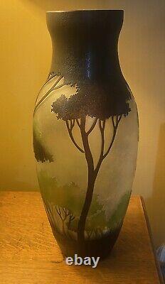 Galle / Daum Style Vintage Art Nouveau Cameo Landscape Glass Vase 14 Tall