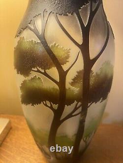 Galle / Daum Style Vintage Art Nouveau Cameo Landscape Glass Vase 14 Tall