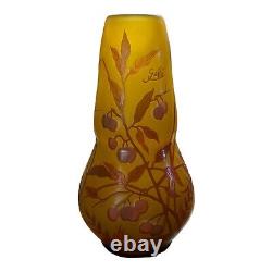 Galle Glass Vase Embossed Amber Red Cherries Reproduction 9-1/4