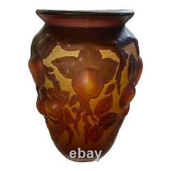 Galle Glass Vase Embossed Apples and Leave Brown Amber Red Reproduction 10-1/8