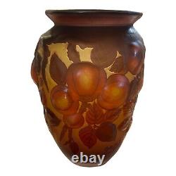 Galle Glass Vase Embossed Apples and Leave Brown Amber Red Reproduction 10-1/8