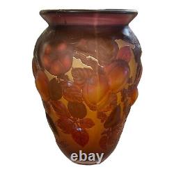 Galle Glass Vase Embossed Apples and Leave Brown Amber Red Reproduction 10-1/8