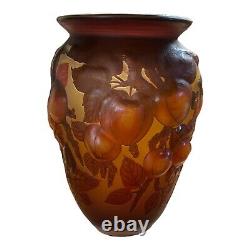 Galle Glass Vase Embossed Apples and Leave Brown Amber Red Reproduction 10-1/8