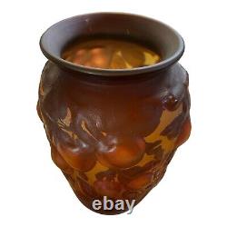 Galle Glass Vase Embossed Apples and Leave Brown Amber Red Reproduction 10-1/8