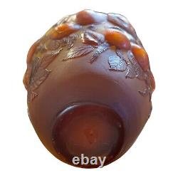 Galle Glass Vase Embossed Apples and Leave Brown Amber Red Reproduction 10-1/8