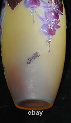 Galle Mold Blown Glass Fuchsia Flowers Vase French 11.5 tall