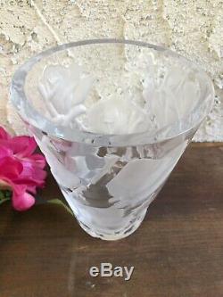 Genuine Lalique France Crystal Rose Ispahan Floral Vase Signed Heavy Pls Read
