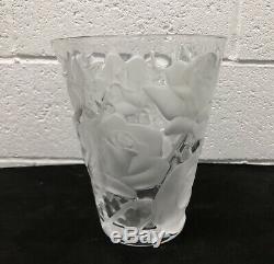 Genuine Lalique France Crystal Rose Ispahan Floral Vase Signed Heavy Pls Read