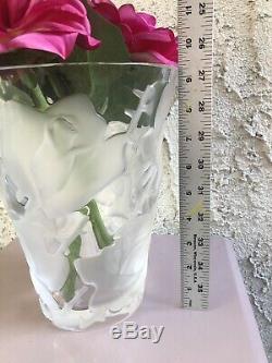 Genuine Lalique France Crystal Rose Ispahan Floral Vase Signed Heavy Pls Read