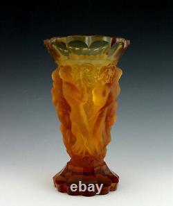 Glamorous Art Deco 1930' Amber Glass Nude Figural Large Vase