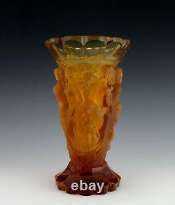 Glamorous Art Deco 1930' Amber Glass Nude Figural Large Vase