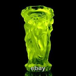 Glamorous French Art Deco Vaseline Uranium Glass 1930 H. Hoffmann Bacchantes Vase
