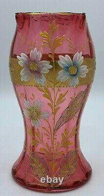 Glass Vase Legras Mont Joye French Art Nouveau Gilt Enameled Cranberry Antique