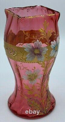 Glass Vase Legras Mont Joye French Art Nouveau Gilt Enameled Cranberry Antique