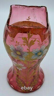 Glass Vase Legras Mont Joye French Art Nouveau Gilt Enameled Cranberry Antique