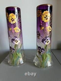 Gorgeous Pair Mont Joye Legras French Art Glass Ruby Vases With Enameled Pansies