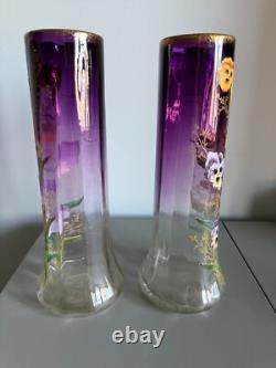 Gorgeous Pair Mont Joye Legras French Art Glass Ruby Vases With Enameled Pansies
