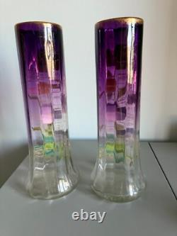 Gorgeous Pair Mont Joye Legras French Art Glass Ruby Vases With Enameled Pansies