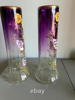 Gorgeous Pair Mont Joye Legras French Art Glass Ruby Vases With Enameled Pansies