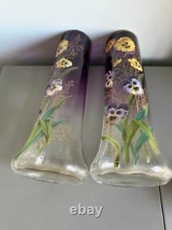 Gorgeous Pair Mont Joye Legras French Art Glass Ruby Vases With Enameled Pansies