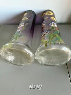 Gorgeous Pair Mont Joye Legras French Art Glass Ruby Vases With Enameled Pansies