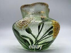 Green French Glass Vase-Heavy Enameled Carnations 5 1/4 Baccarat Attributed