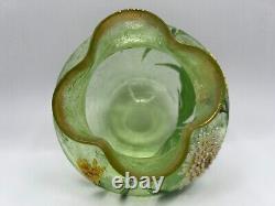 Green French Glass Vase-Heavy Enameled Carnations 5 1/4 Baccarat Attributed