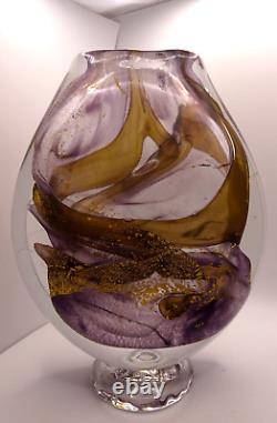 HEAVY! Signed 1989 Jean Luc Gambier French Studio Art Glass Vase Gold Foil