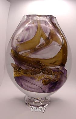 HEAVY! Signed 1989 Jean Luc Gambier French Studio Art Glass Vase Gold Foil