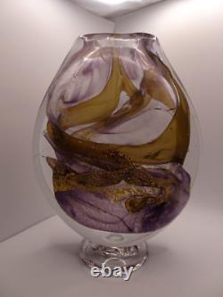 HEAVY! Signed 1989 Jean Luc Gambier French Studio Art Glass Vase Gold Foil