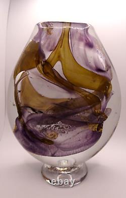 HEAVY! Signed 1989 Jean Luc Gambier French Studio Art Glass Vase Gold Foil