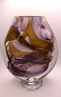 HEAVY! Signed 1989 Jean Luc Gambier French Studio Art Glass Vase Gold Foil