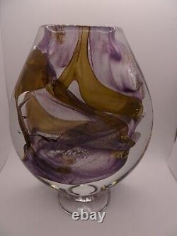 HEAVY! Signed 1989 Jean Luc Gambier French Studio Art Glass Vase Gold Foil