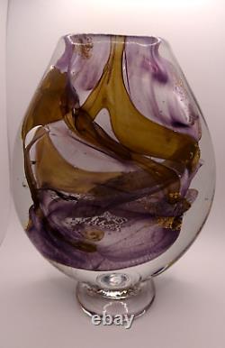 HEAVY! Signed 1989 Jean Luc Gambier French Studio Art Glass Vase Gold Foil