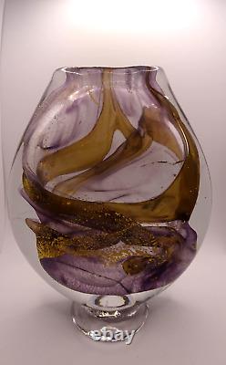 HEAVY! Signed 1989 Jean Luc Gambier French Studio Art Glass Vase Gold Foil