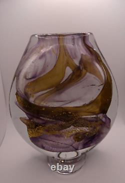 HEAVY! Signed 1989 Jean Luc Gambier French Studio Art Glass Vase Gold Foil