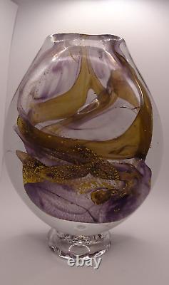 HEAVY! Signed 1989 Jean Luc Gambier French Studio Art Glass Vase Gold Foil