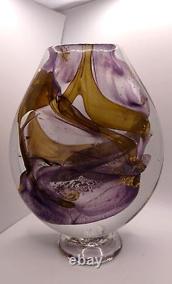 HEAVY! Signed 1989 Jean Luc Gambier French Studio Art Glass Vase Gold Foil